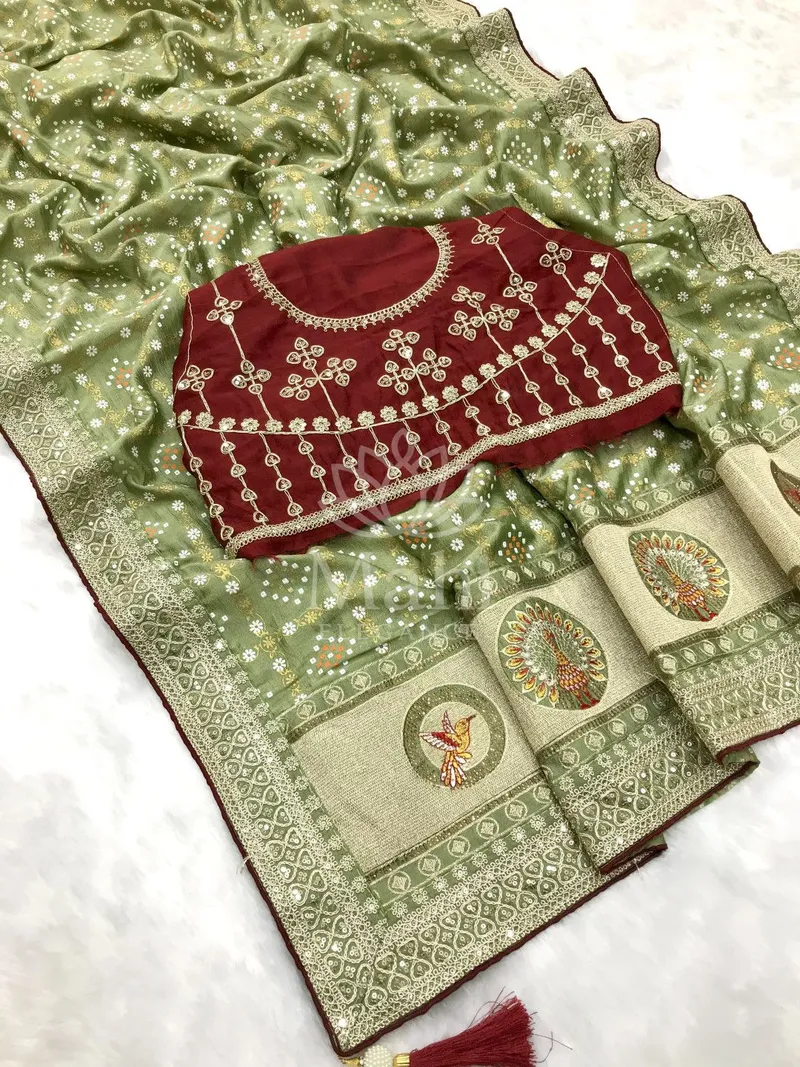 Tara Pista Green Vichitra Silk Saree, Bandhani & Sequin Work — Bandhani