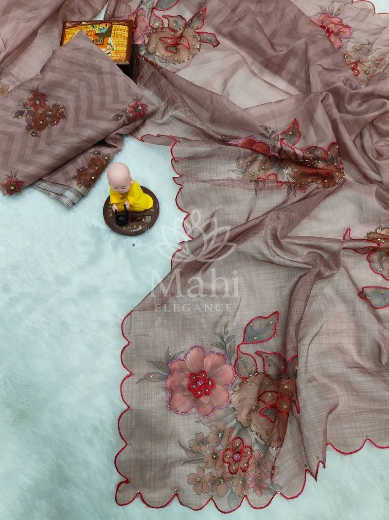 Dusty Pink Organza Silk Saree, Digital Print & Khatli Work — Organza