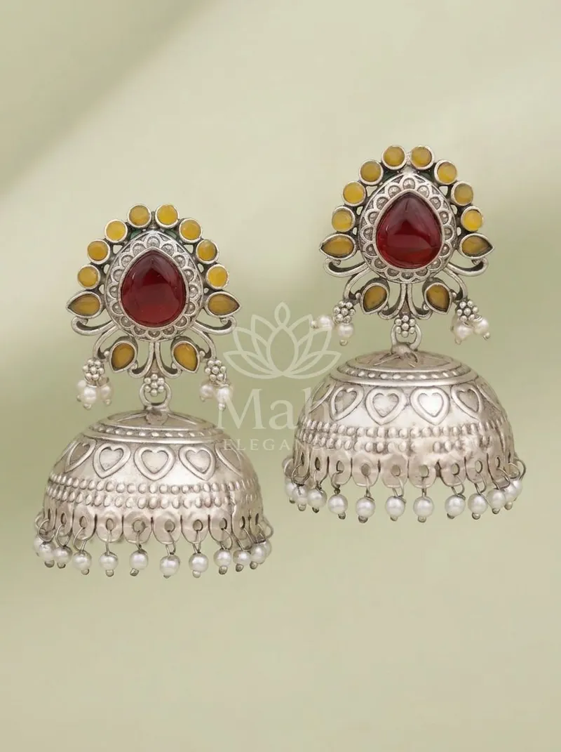 Floral Stone Dome Jhumkas — Brass Earring