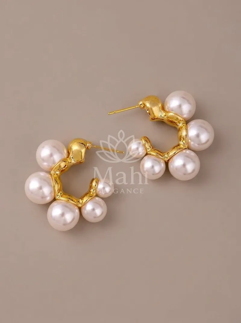 Pearl Cluster Hoop Studs — Copper Alloy Earring