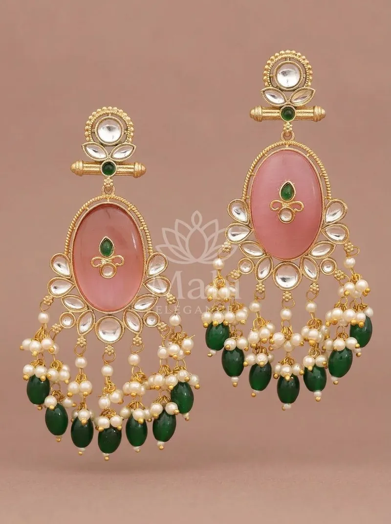 Oval Stone Pearl Fringe Danglers — Brass Earring