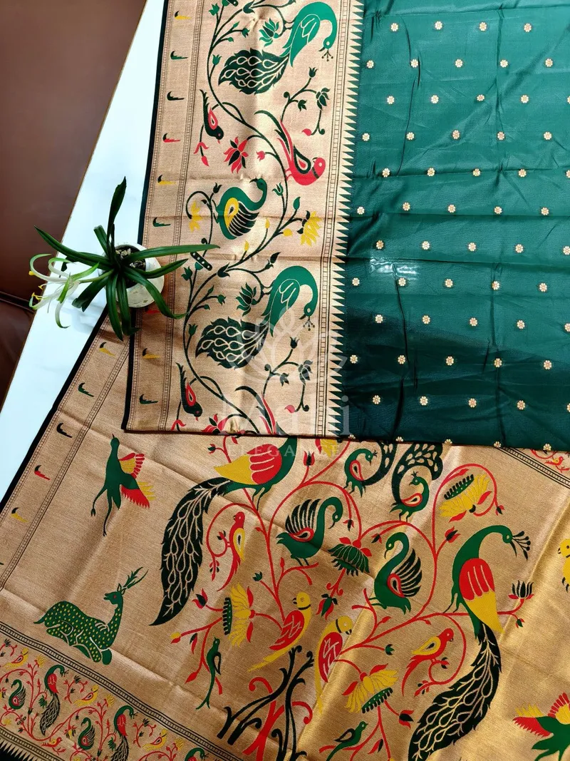 Bottle Green Paithani Silk Saree, Peacock Weave — Paithani