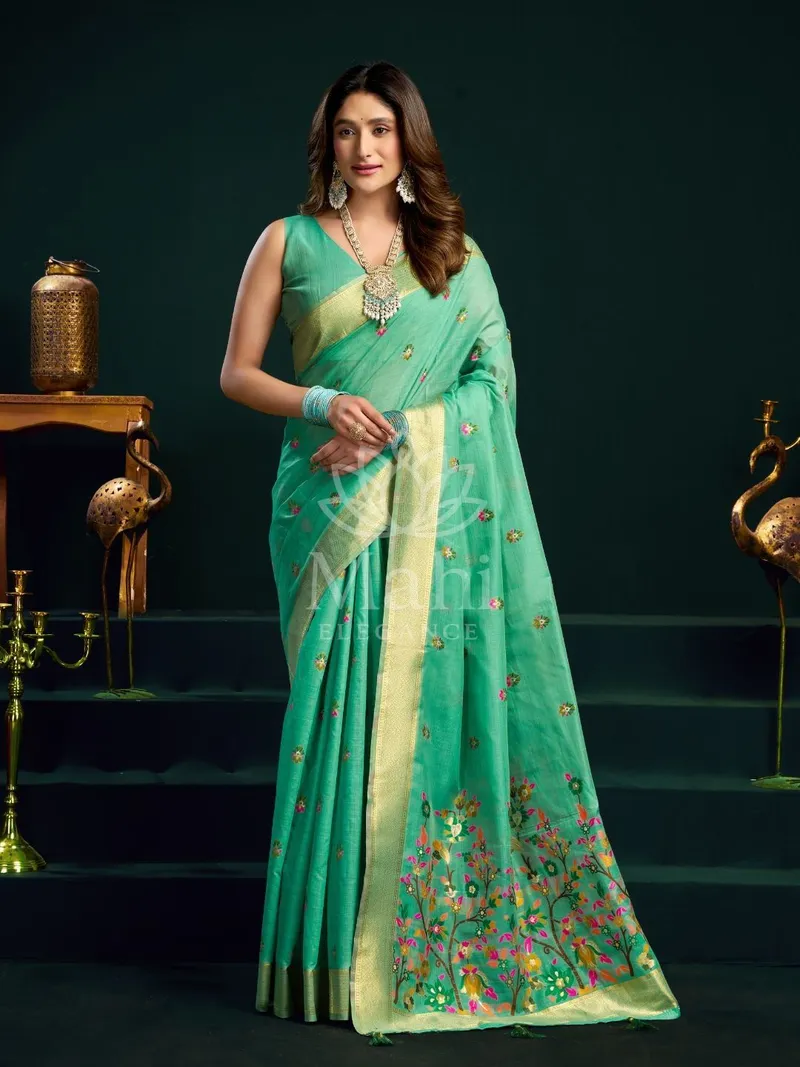 Green Muga Cotton Saree, Meenakari Zari Weave — Muga-Cotton