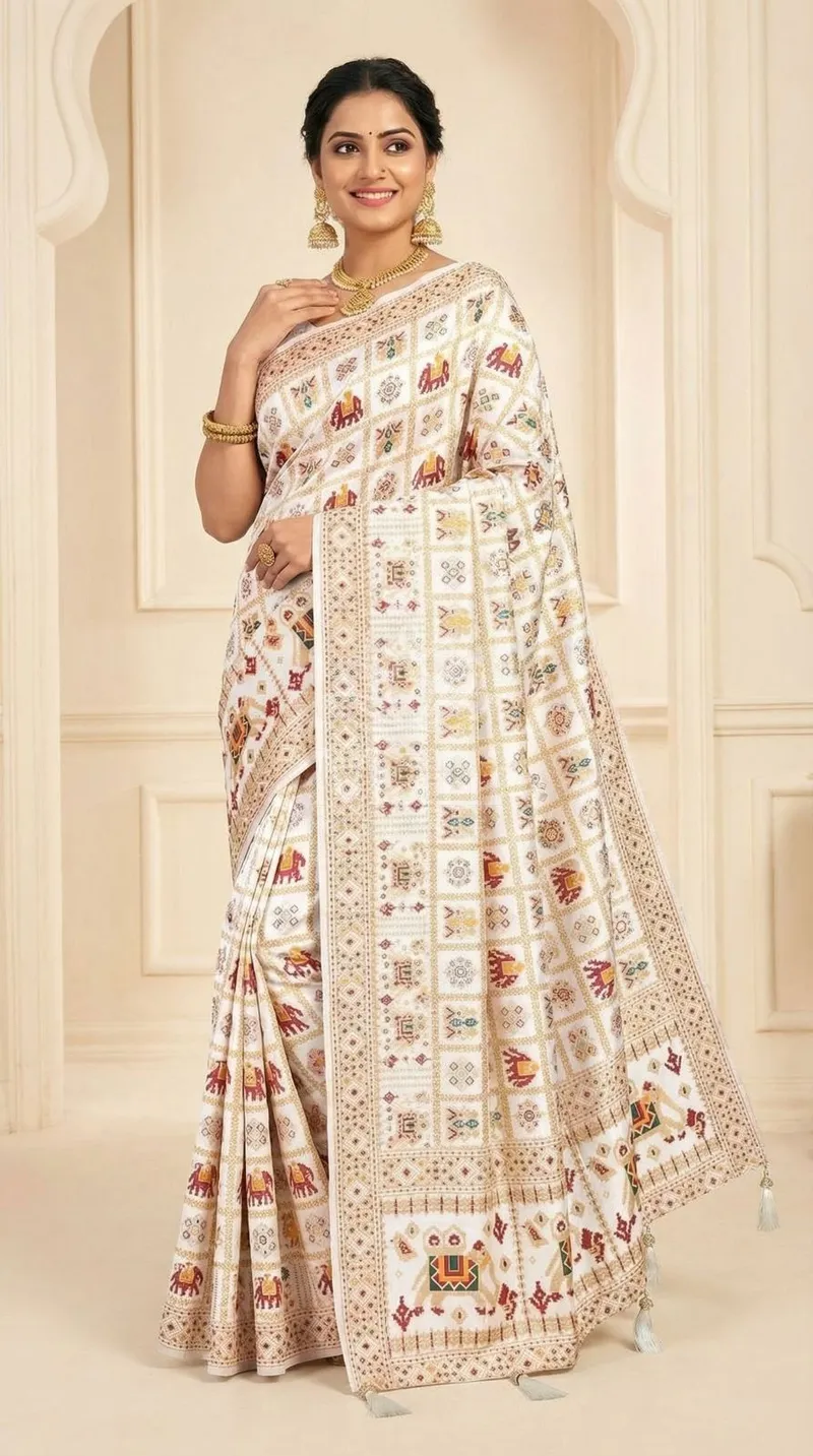 Off White Patola Silk Saree, Meenakari Zari Weave — Patola