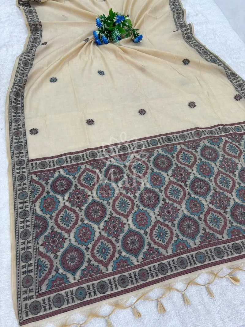 Beige Muga Cotton Saree, Ajrakh Weave — Muga-Cotton