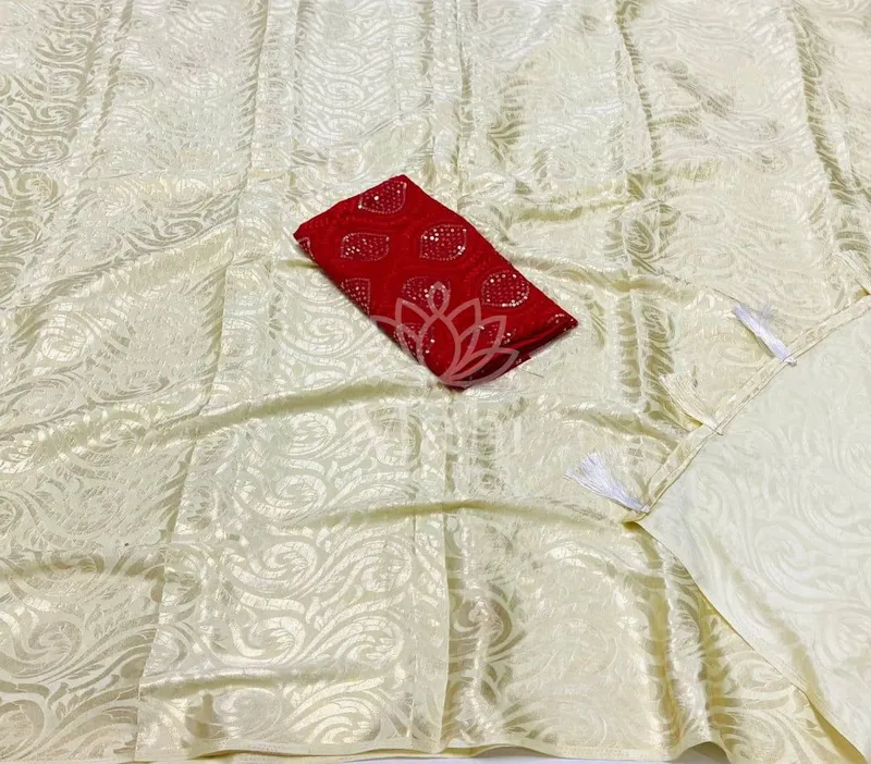 Light Yellow Dola Silk Saree, Foil Print — Dola