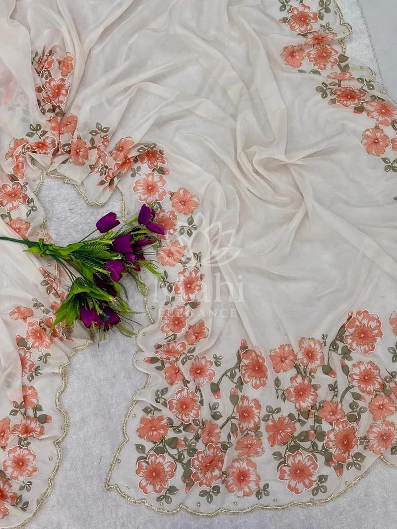 White Organza Saree, Beads and Katdana Handwork — Organza