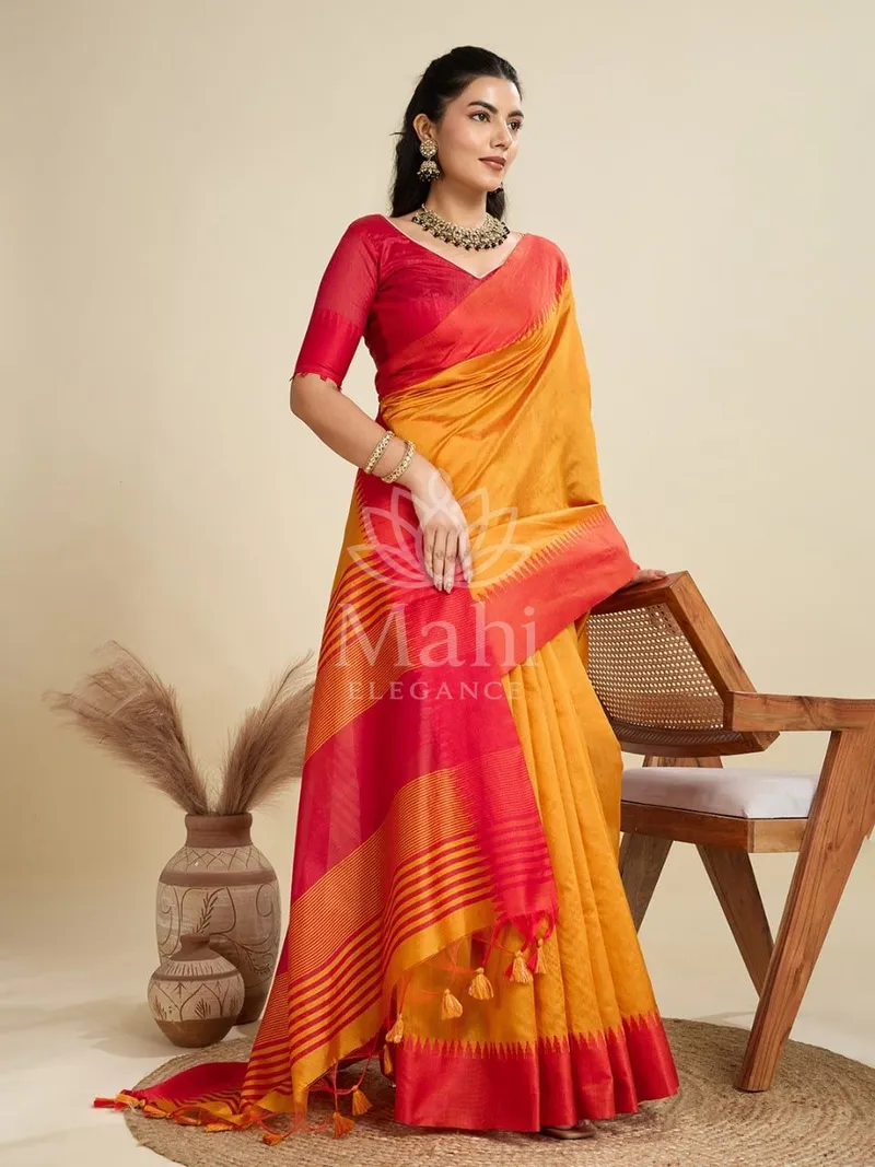 Orange Khadi Raw Silk Saree, Zari Weave & Temple Border — Raw Silk