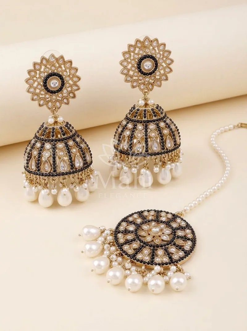 Kundan Floral Jhumkas With Mangtika — Alloy Earring