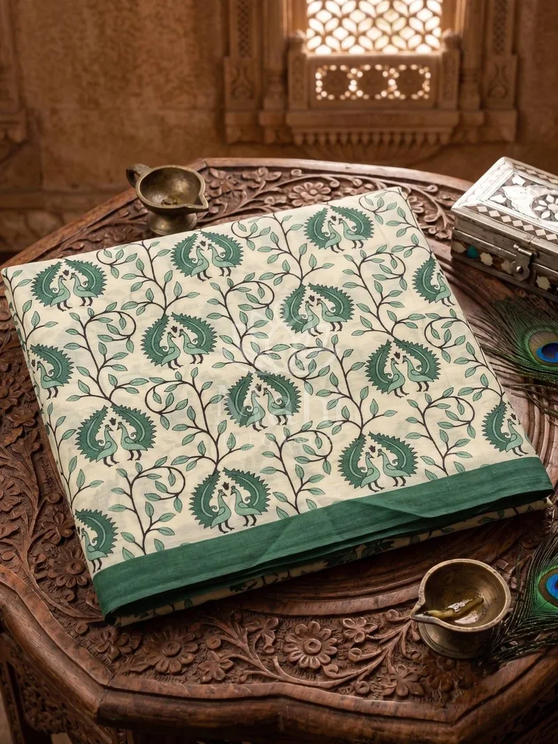 Green Cotton Saree, Kalamkari Print — Cotton