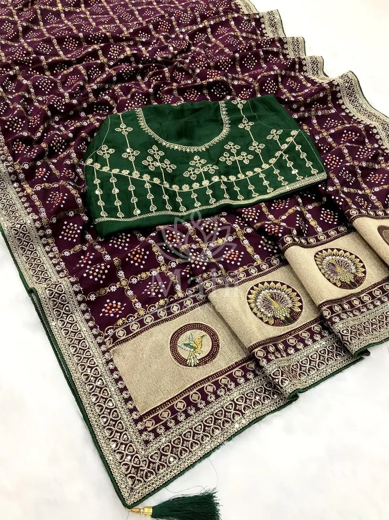 Wine Vichitra Silk Saree, Bandhani & Sequin Work — Bandhani