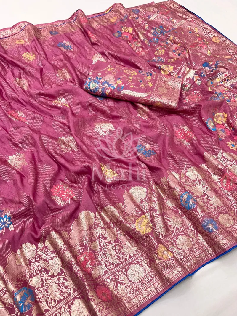 Peach Dola Silk Saree, Zari Weave — Dola
