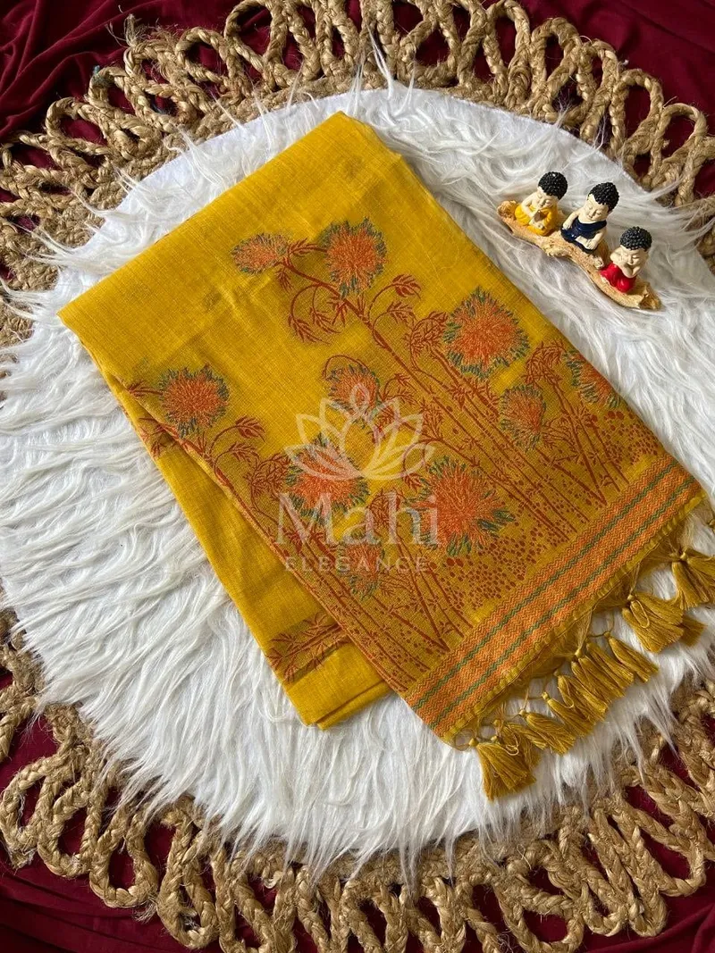 Yellow Muga Cotton Saree, Flower Weave — Cotton