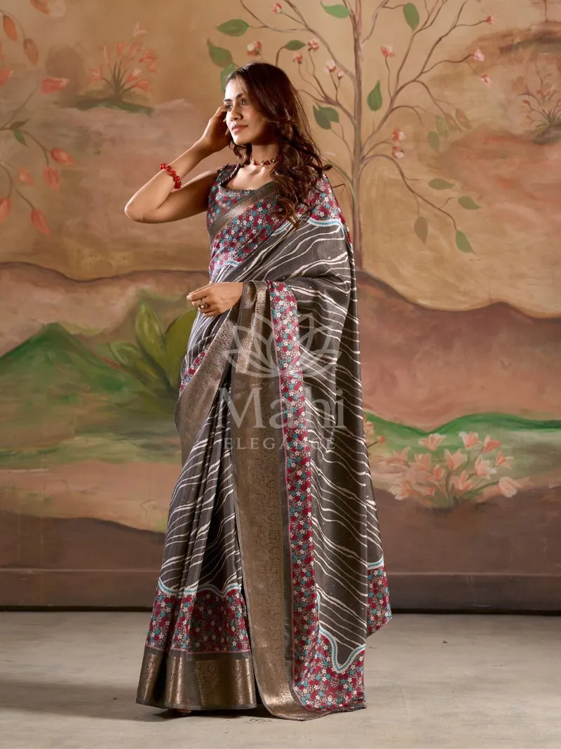 Gray Dola Silk Saree, Digital Printed Zari Border — Dola