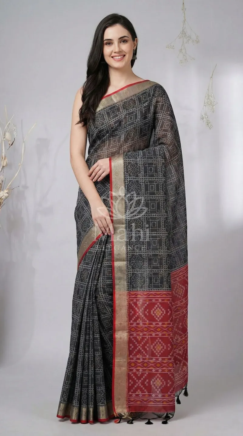 Black Raw Silk Saree, Ikkat Weave — Raw Silk