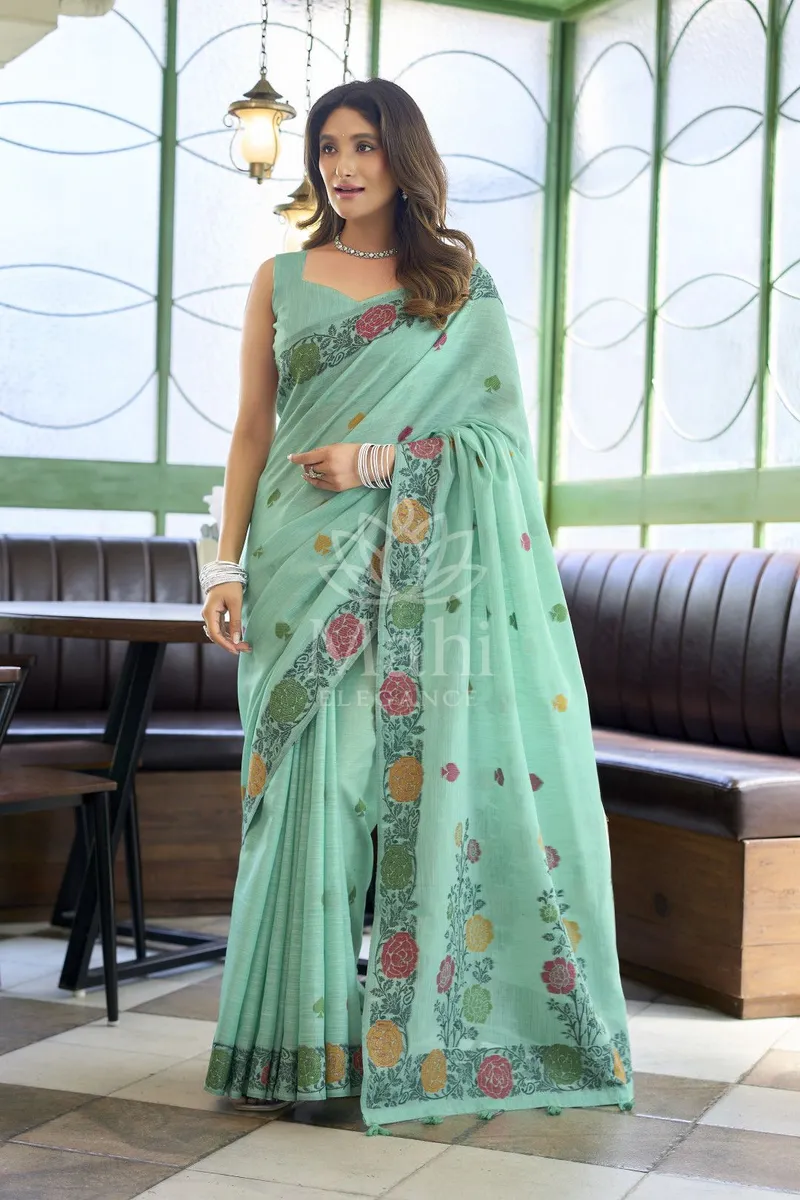 Sea Green Linen Cotton Saree, Floral Weave — Cotton