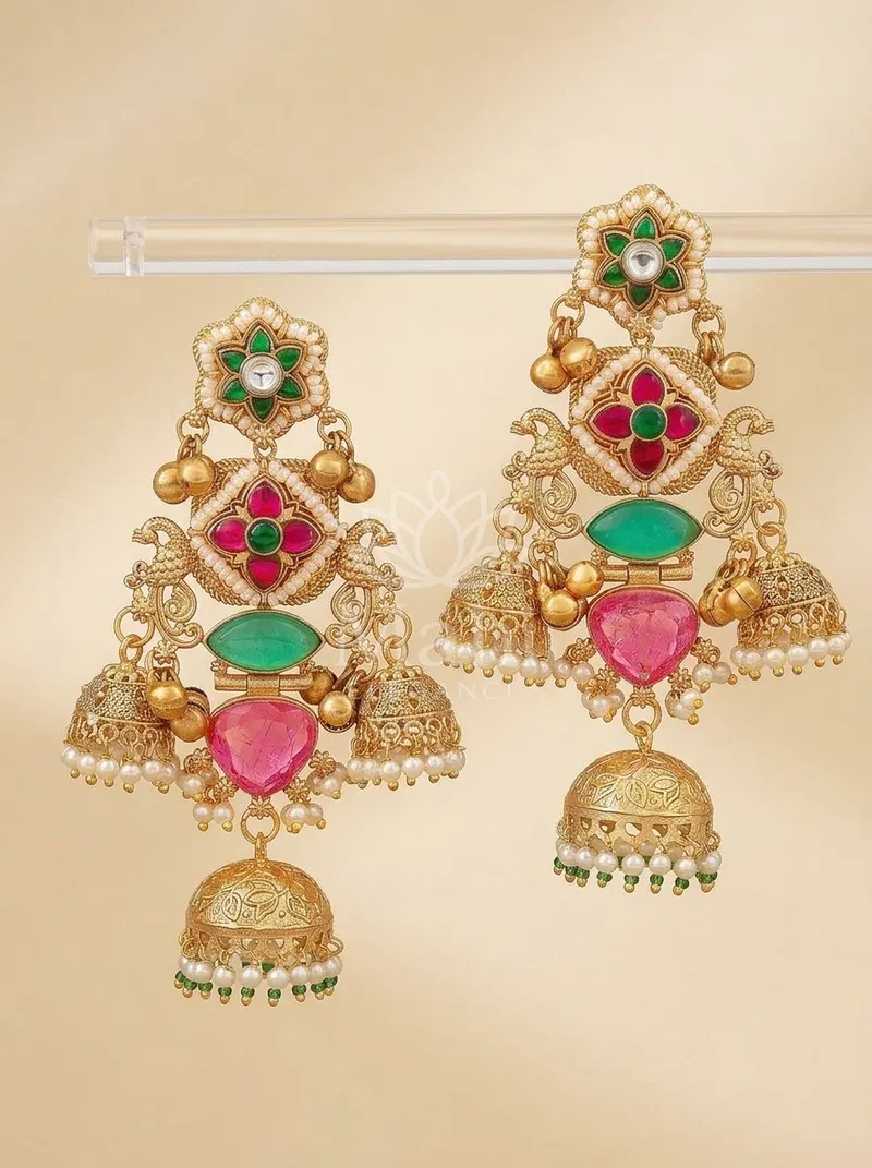 Twin Peacock Triple Jhumkas — Brass Earring
