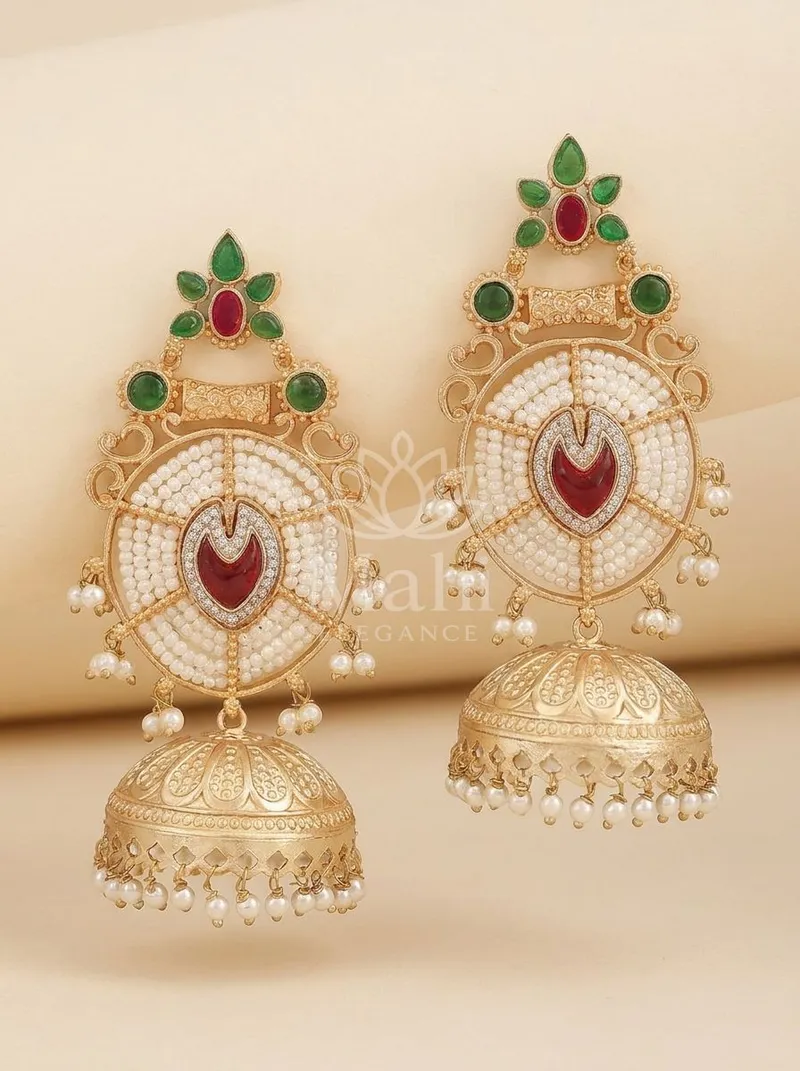 Pearl Studded Domed Jhumkas — Brass Earring