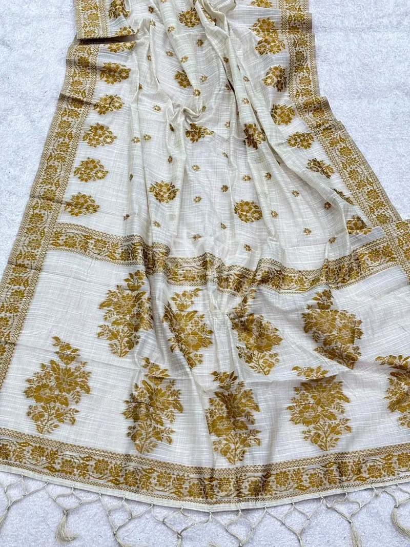 Beige Linen Cotton Saree, Weave — Cotton