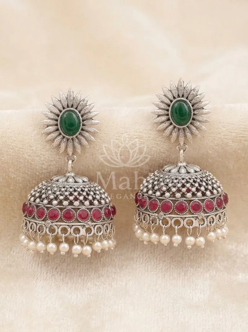 Sunburst Stone Oxidised Jhumkas — Brass Earring