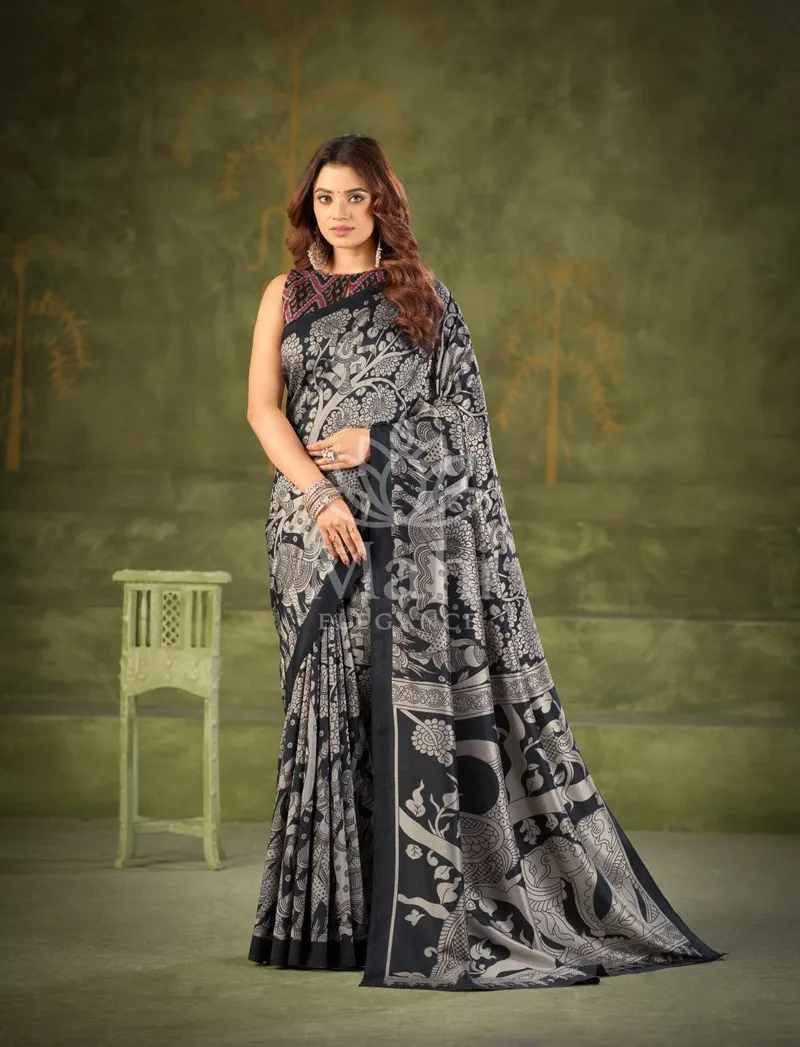 Black Tussar Silk Saree, Kalamkari Print — Tussar