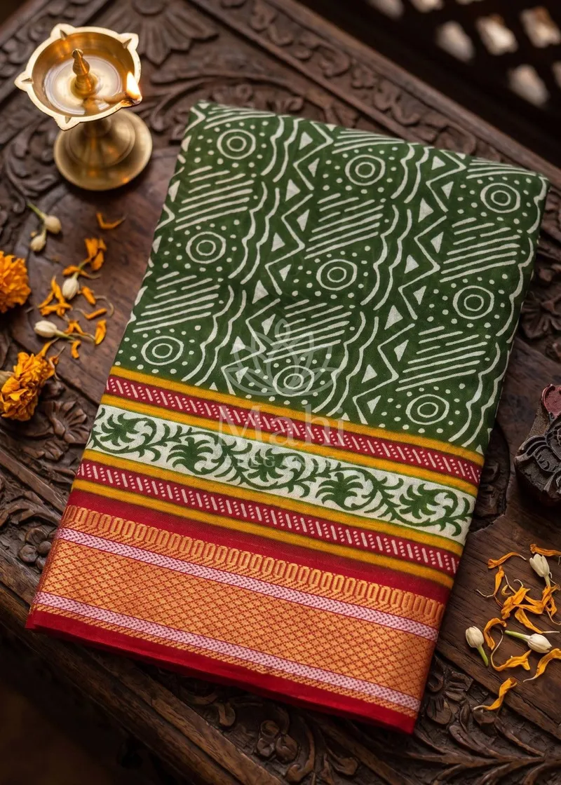 Green Cotton Saree, Bagru Print — Cotton