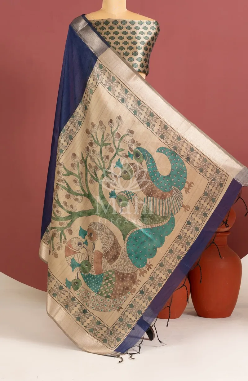 Blue Khadi Raw Silk Saree, Kalamkari Print — Raw Silk