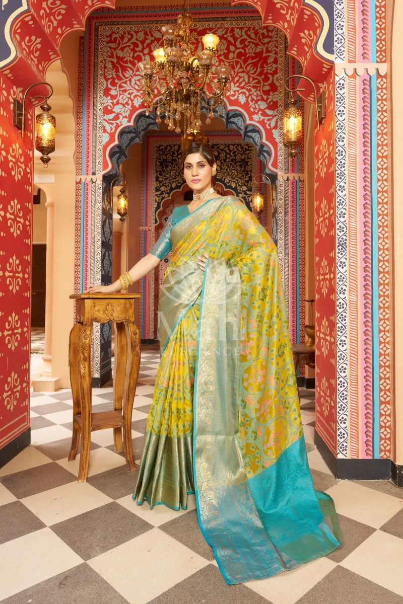 Yellow Organza Silk Saree, Woven Design — Organza