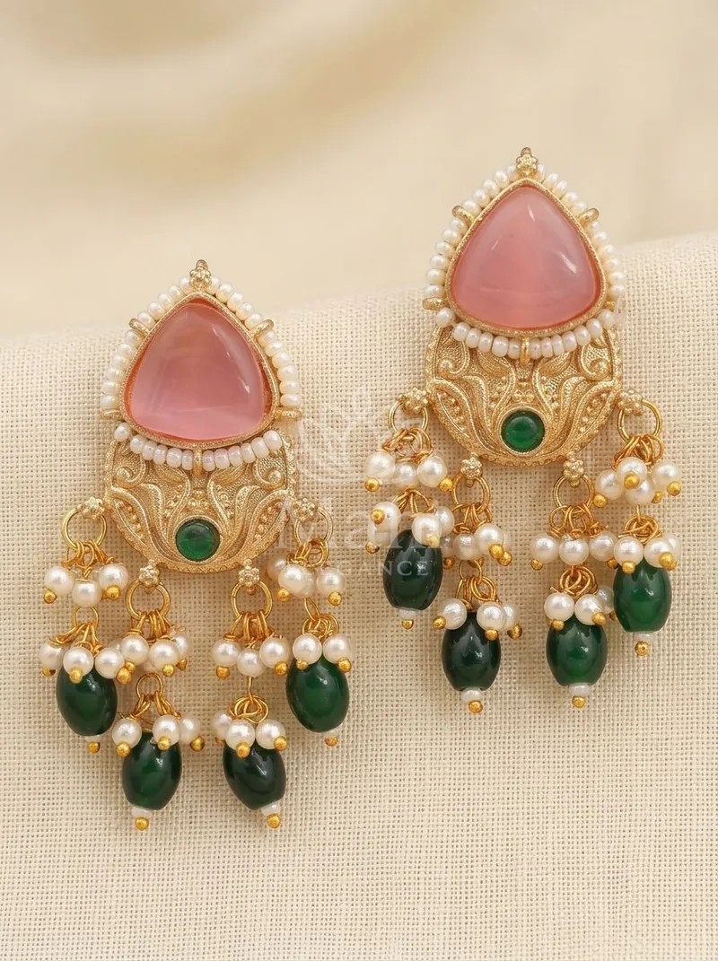 Monalisa Stone Pearl Danglers — Brass Earring