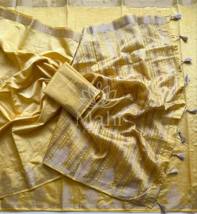 Yellow Tussar Silk Saree, Jacquard Weave — Tussar