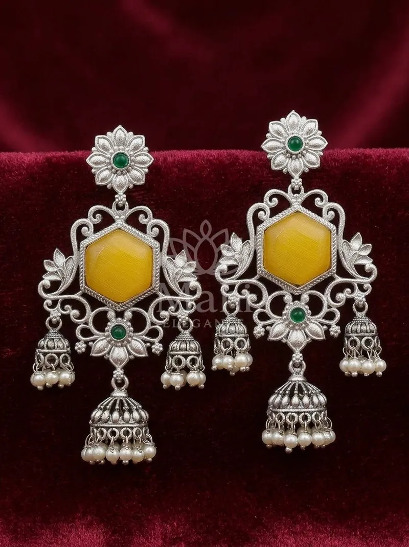 Hexagon Stone Triple Jhumka Danglers — Brass Earring