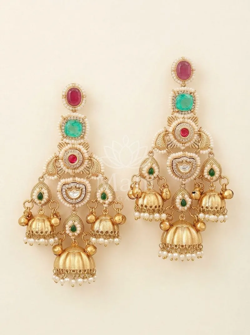 Triple Tier Stone Pearl Jhumkas — Brass Earring