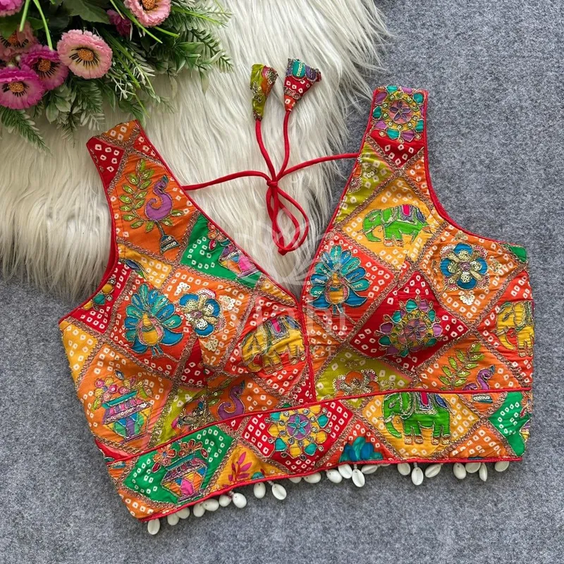 Multi color crepe silk soft Ready made blouse with kodi work and position print — Blouse