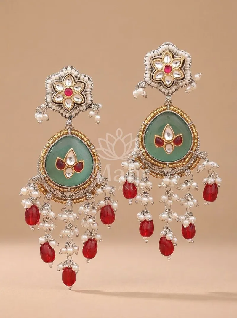 Kundan Floral Beaded Danglers — Brass Earring