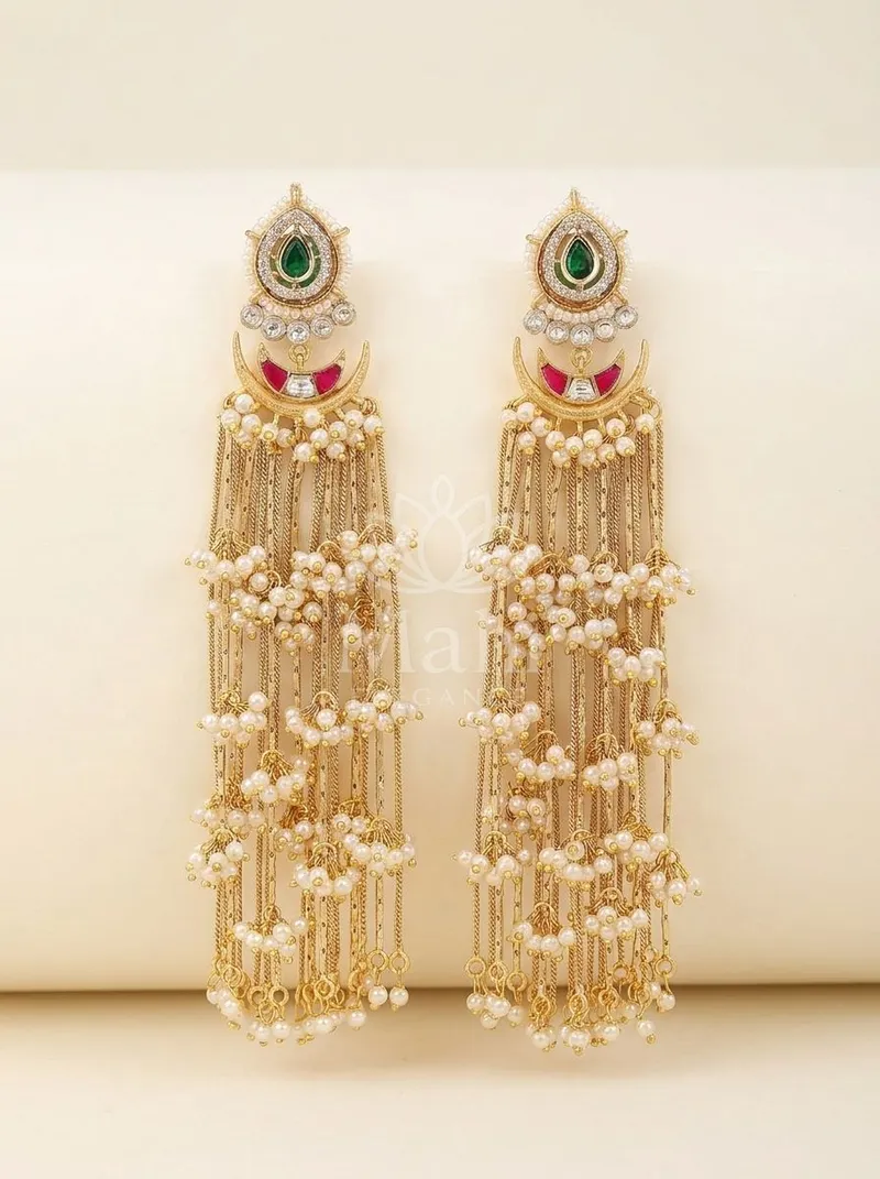 Moon Motif Pearl Tassel Danglers — Brass Earring
