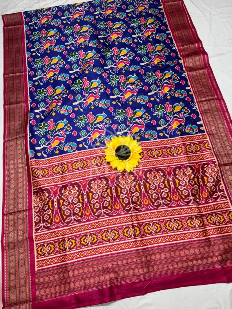 Royal Blue Patola Silk Saree, Ikkat Print — Patola
