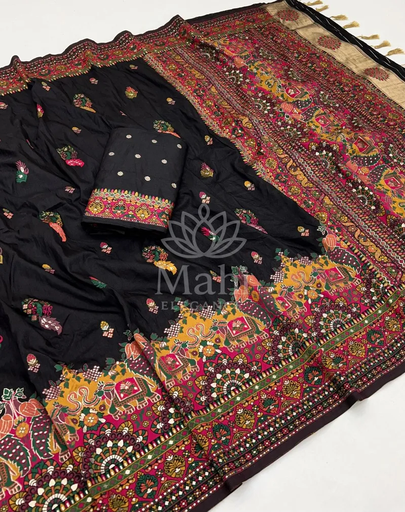 Black Pashmina Silk Saree, Rajwadi Weave with Lagdi Patta Pallu — Pashmina
