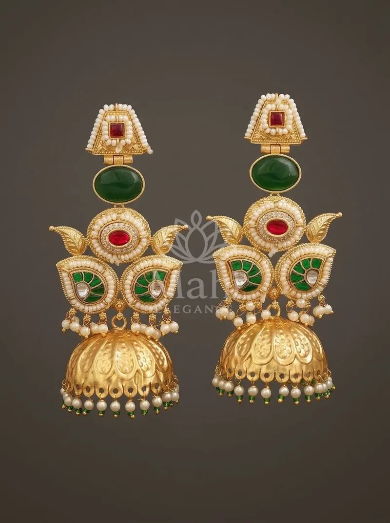 Kundan Leaf Petal Jhumkas — Brass Earring