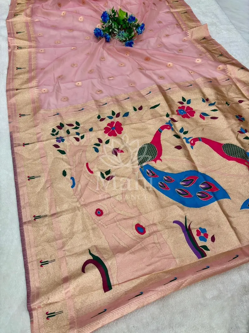 Baby Pink Paithani Tissue Silk Saree, Meenakari & Zari Weave — Paithani