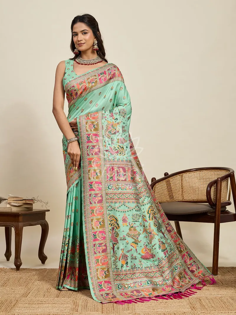 Pista Green Pashmina Silk Saree, Meenakari Weave — Pashmina