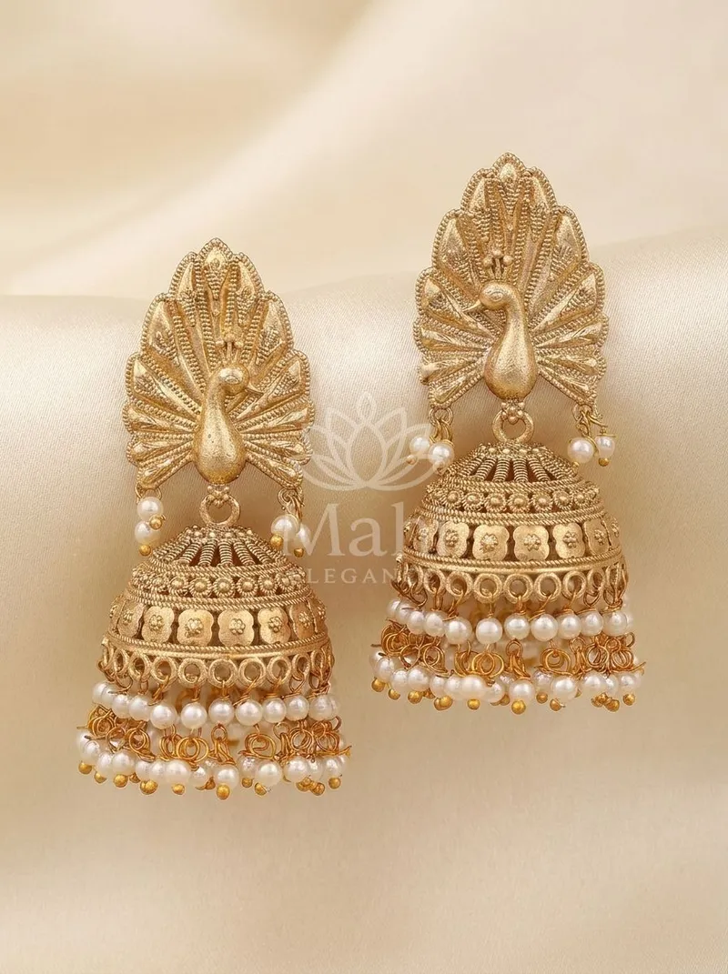 Peacock Motif Pearl Jhumkas — Brass Earring