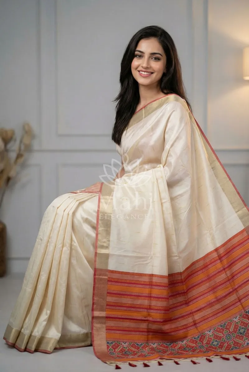 White Khadi Raw Silk Saree, Meena & Patola Weave — Patola