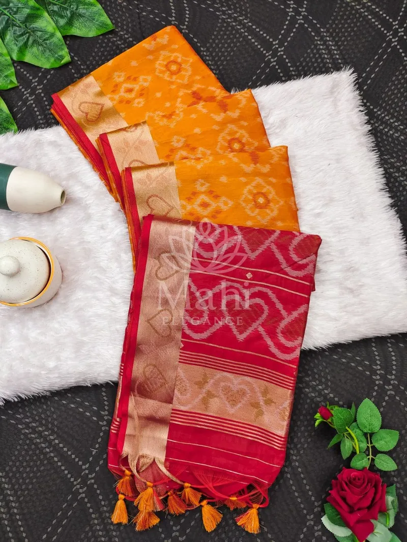 Orange Raw Silk Saree, Ikkat Weave — Raw Silk