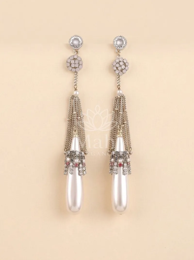 Pearl Drop Tasselled Danglers — Alloy Earring