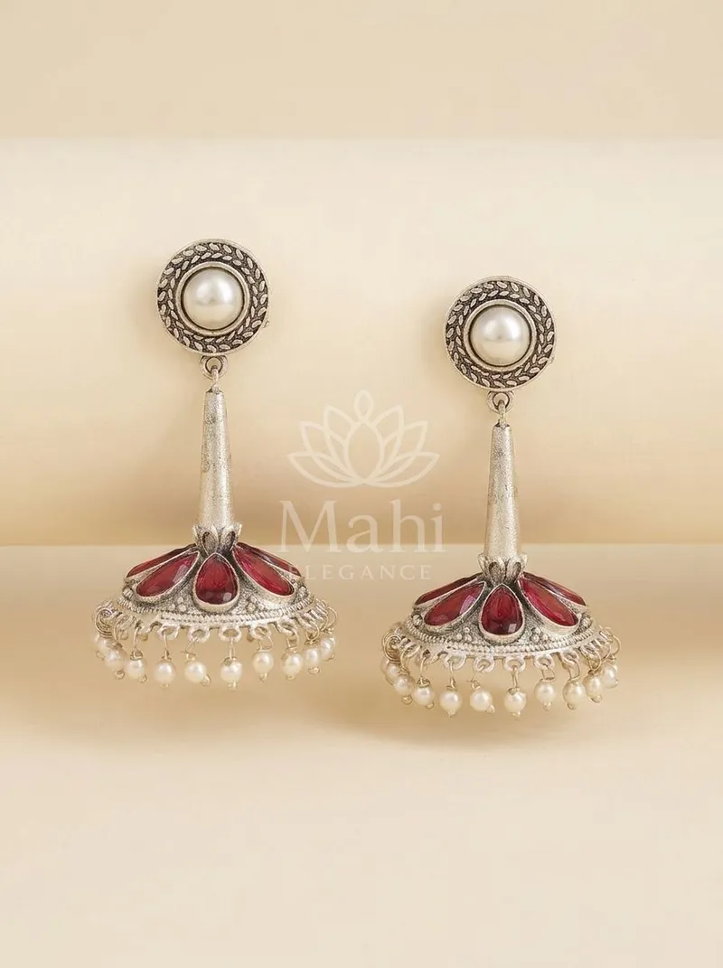 Petal Stone Oxidised Jhumkas — Brass Earring