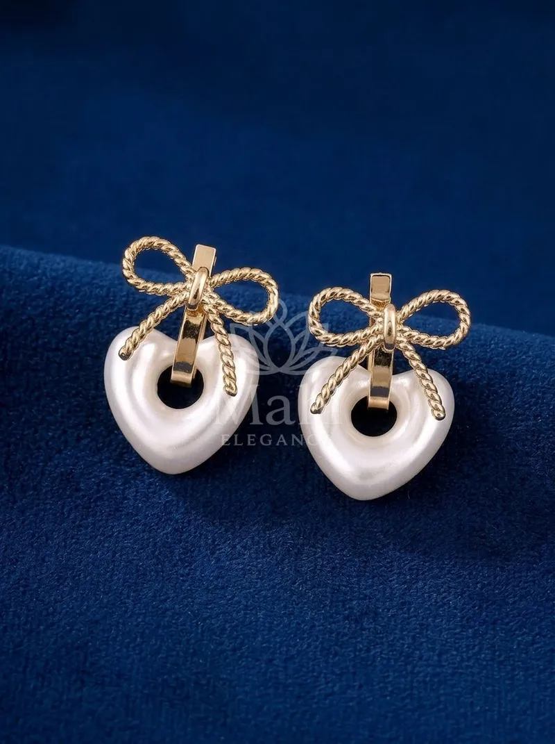 Bow Heart Pearl Studs — Copper Alloy Earring
