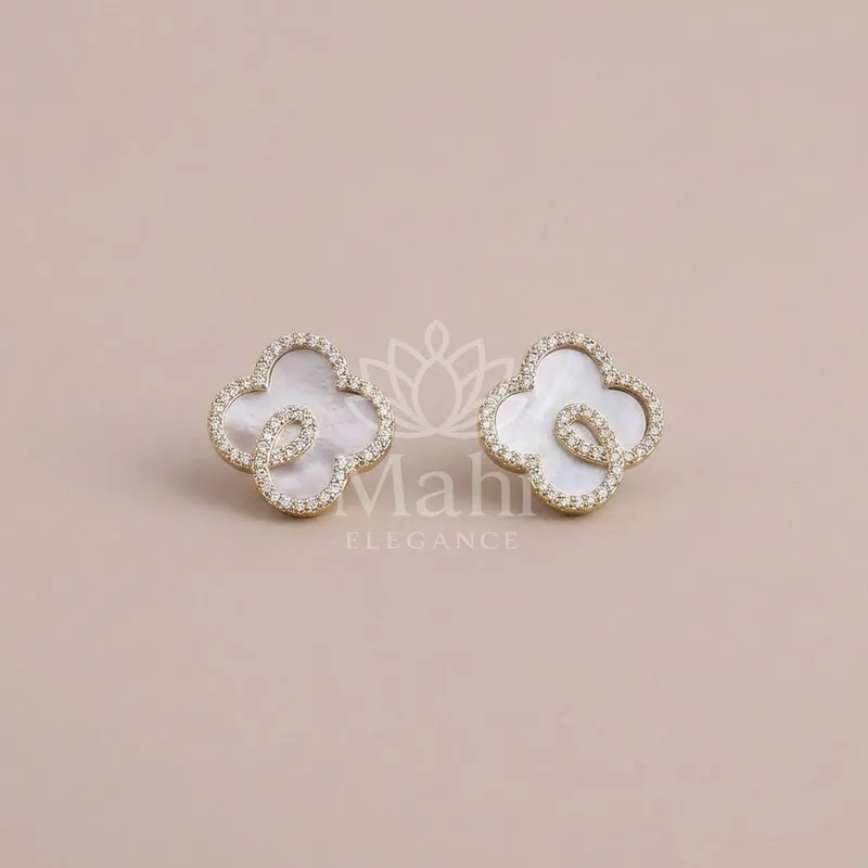 Mother-Of-Pearl Clover Studs — Copper Alloy Earring