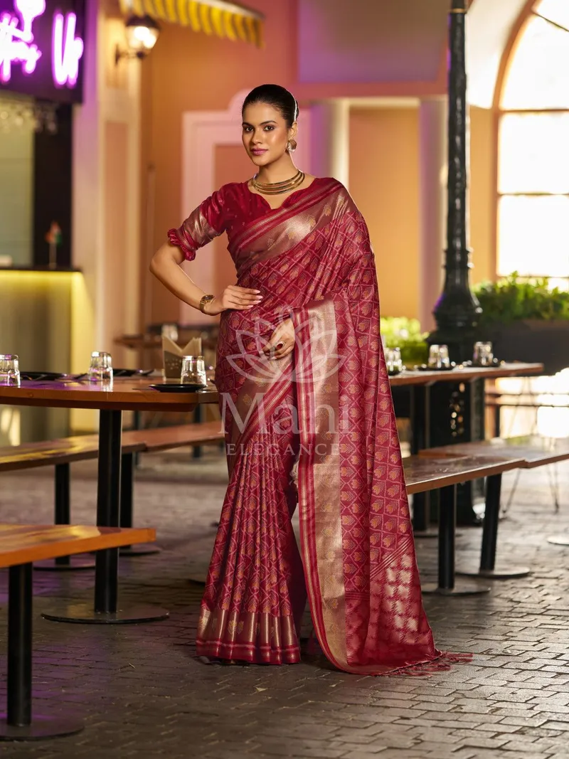 Maroon Pure Silk Saree, Patola Zari Weave — Patola