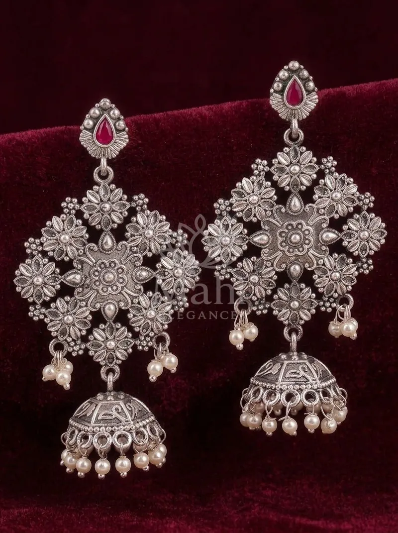 Oxidised Floral Diamond Jhumka Danglers — Brass Earring