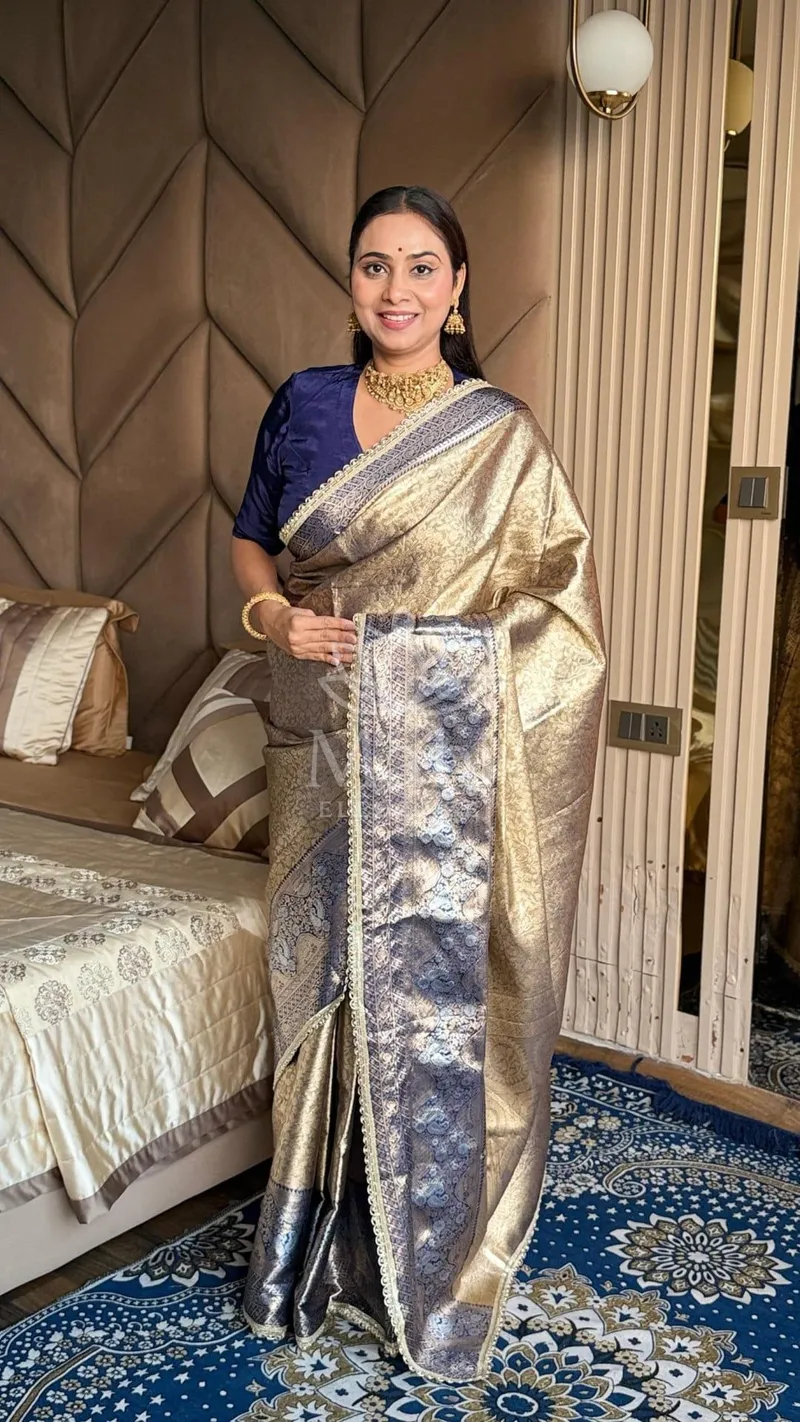 Gold Kanchipuram Tissue Silk Saree, Zari Weave & Lace Border — Kanchipuram